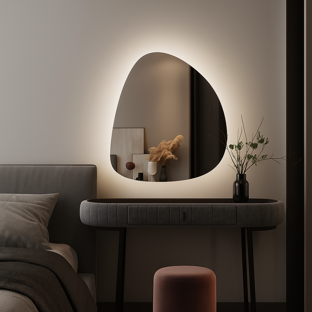 Modern Asimetrik LED Ayna – Organik Şekilli Dekoratif Banyo Aynası, Arka Işıklı Tasarım