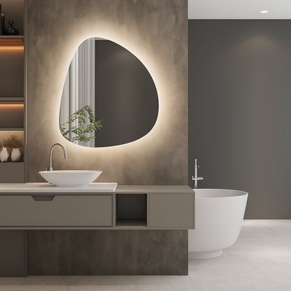 Modern Asimetrik LED Ayna – Organik Şekilli Dekoratif Banyo Aynası, Arka Işıklı Tasarım