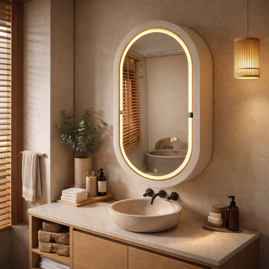 LED Işıklı Dimmable Banyo Aynası Dolaplı – Modern Duvar Tipi Oval Tasarım