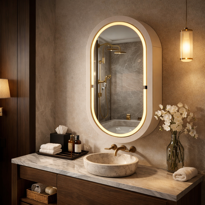 LED Işıklı Dimmable Banyo Aynası Dolaplı – Modern Duvar Tipi Oval Tasarım