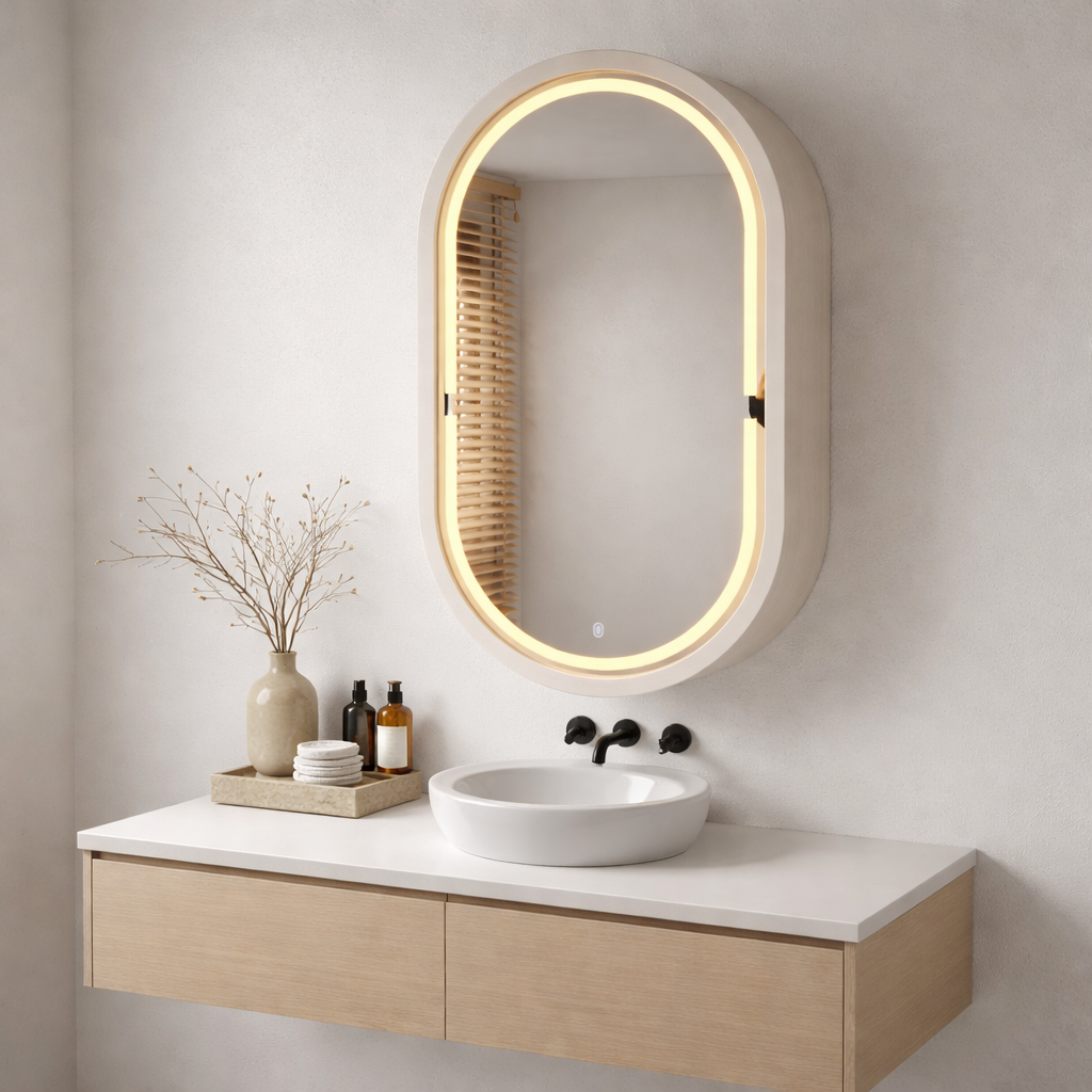 LED Işıklı Dimmable Banyo Aynası Dolaplı – Modern Duvar Tipi Oval Tasarım