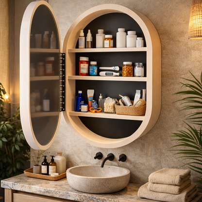 LED Işıklı Dimmable Banyo Aynası Dolaplı – Modern Duvar Tipi Oval Tasarım
