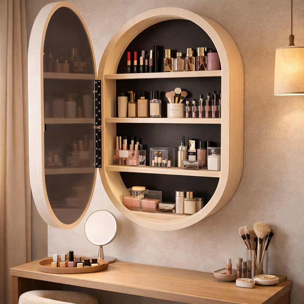LED Işıklı Dimmable Banyo Aynası Dolaplı – Modern Duvar Tipi Oval Tasarım