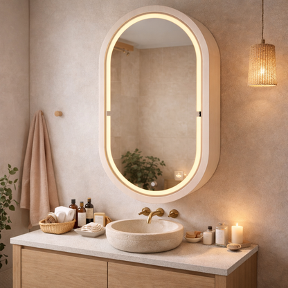 LED Işıklı Dimmable Banyo Aynası Dolaplı – Modern Duvar Tipi Oval Tasarım