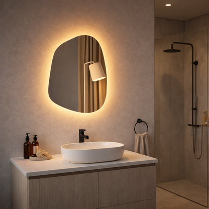 Organik Şekilli LED Ayna – Modern Asimetrik Duvar Aynası, Banyo & Yatak Odası İçin Dekoratif Işıklı Ayna