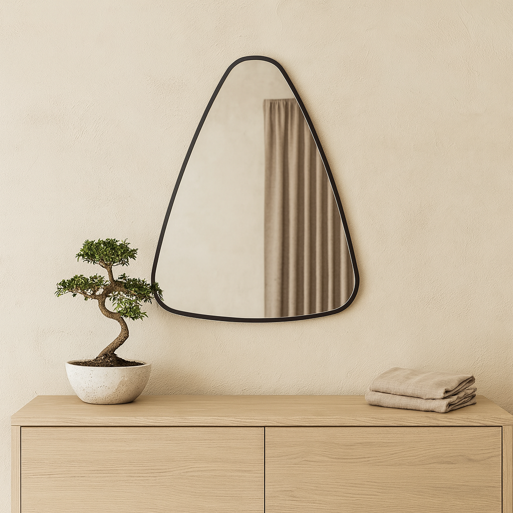 Modern Asimetrik Duvar Aynası – Siyah Çerçeveli Dekoratif Banyo ve Salon Aynası