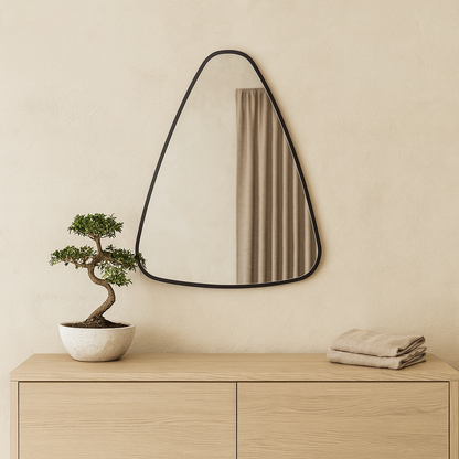 Modern Asimetrik Duvar Aynası – Siyah Çerçeveli Dekoratif Banyo ve Salon Aynası