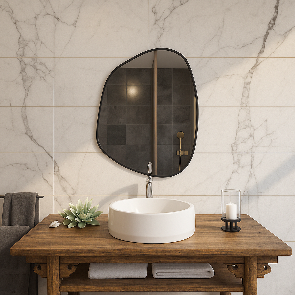 Modern Asimetrik Banyo Aynası – Çerçeveli Organik Şekilli Duvar Aynası