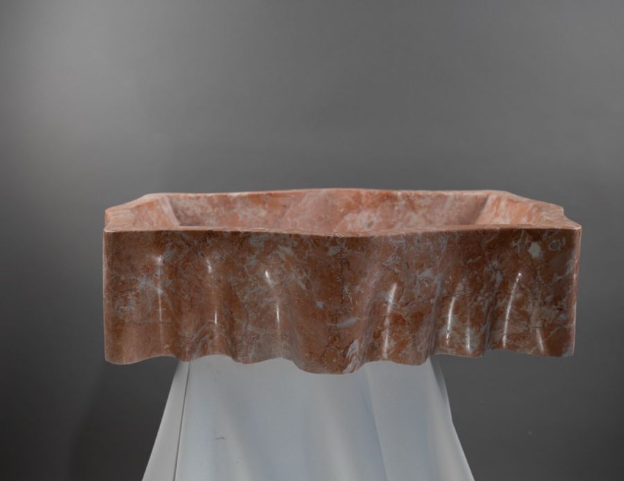 Rosso Verona Turuncu Mermer Lavabo – El Yapımı Doğal Taş Banyo Lavabosu, Lüks Tezgâh Üstü Mermer Lavabo (55×42×14 cm)