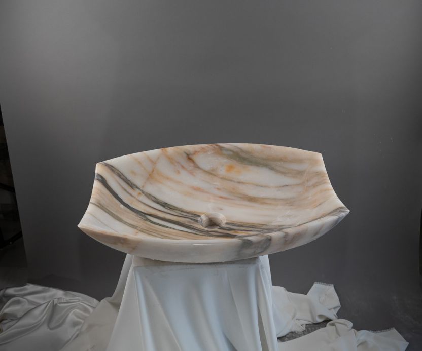 Rainforest Mermeri Oval El Yapımı Lavabo – Doğal Taş Banyo Tezgâh Üstü Mermer Lavabo | 55 × 40 × 13 cm