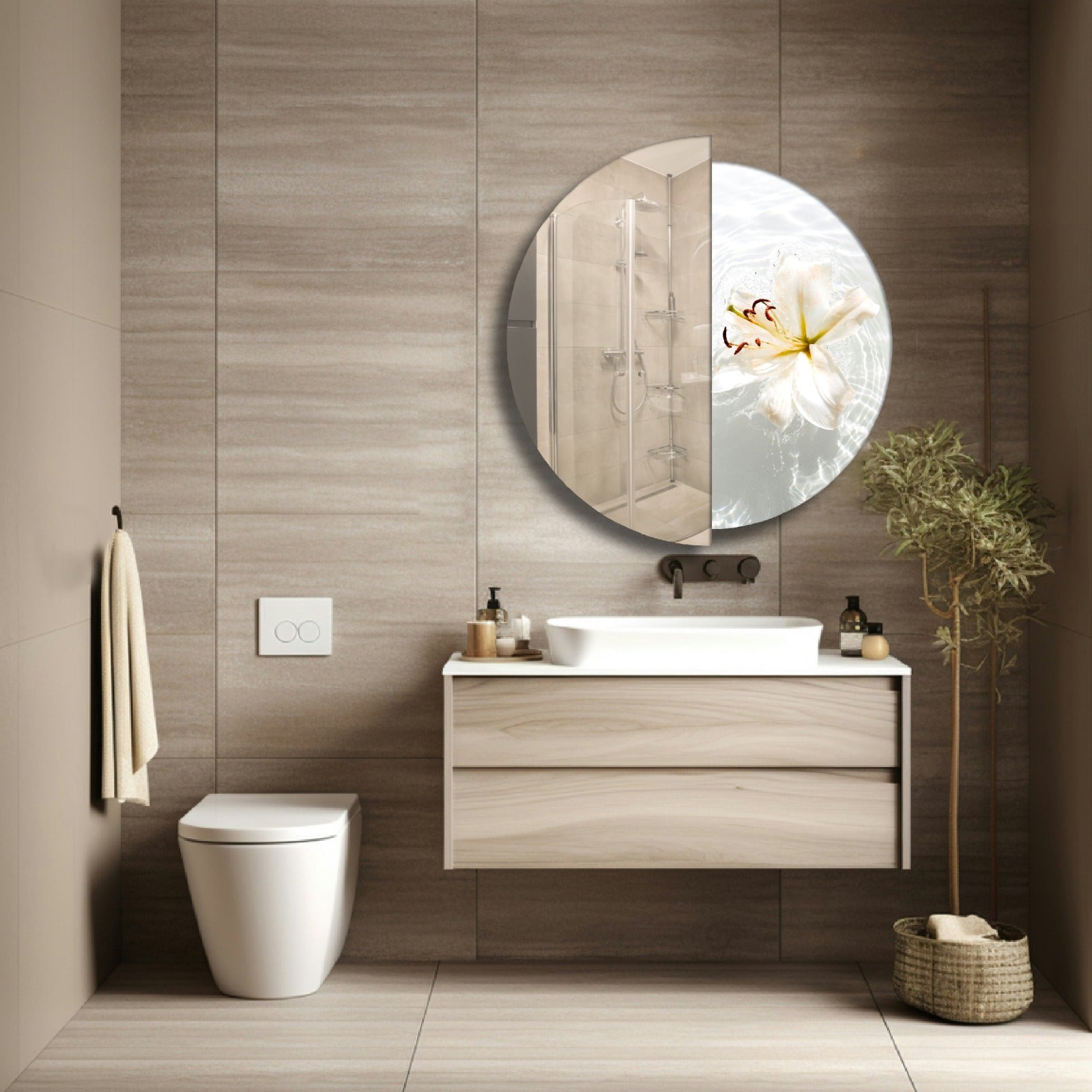 Modern Yarım Temperli Cam Duvar Aynası – Dekoratif Yuvarlak Tasarım Ayna, Salon ve Antre İçin Şık Modern Ayna