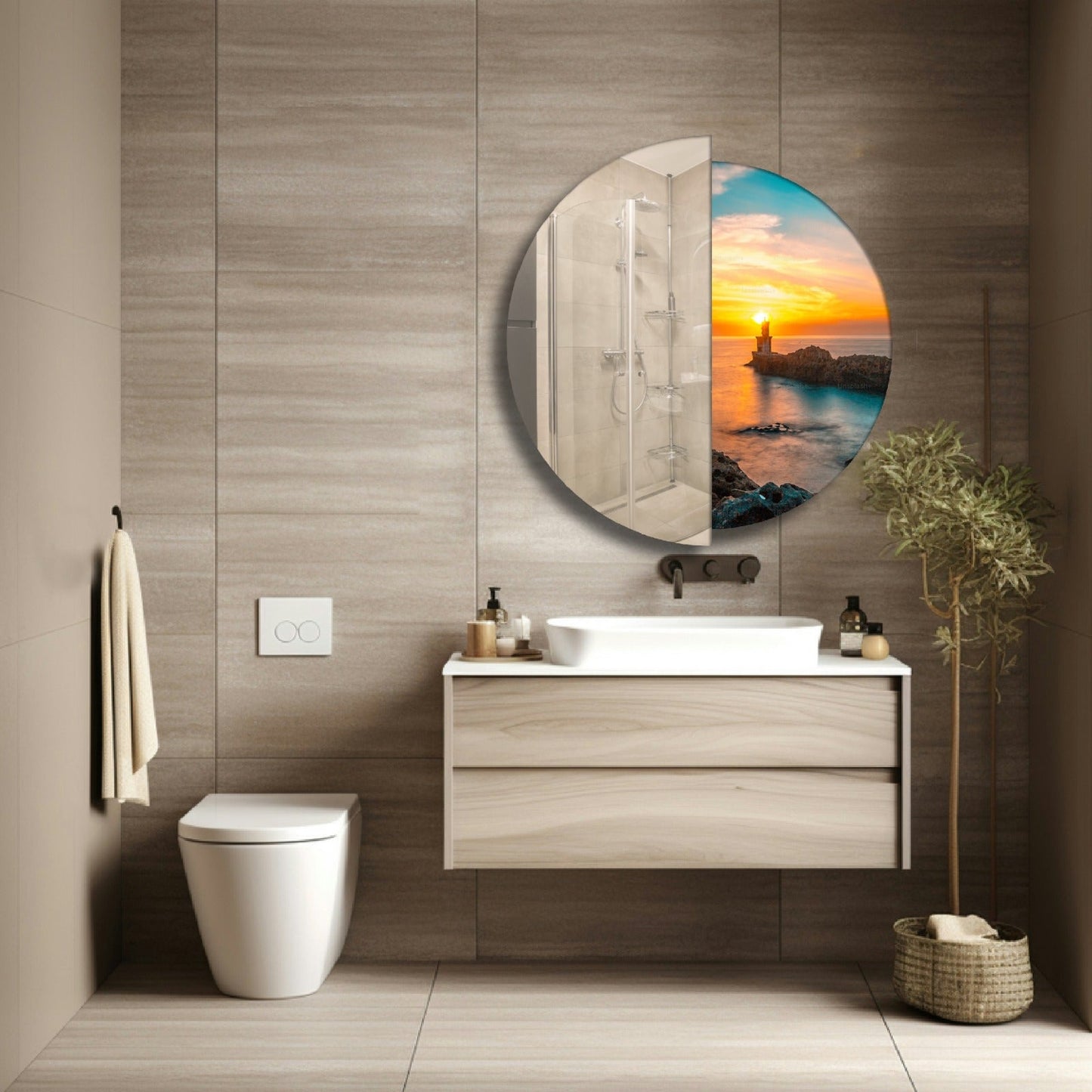 Modern Yarım Temperli Cam Duvar Aynası – Dekoratif Yuvarlak Tasarım Ayna, Salon ve Antre İçin Şık Modern Ayna
