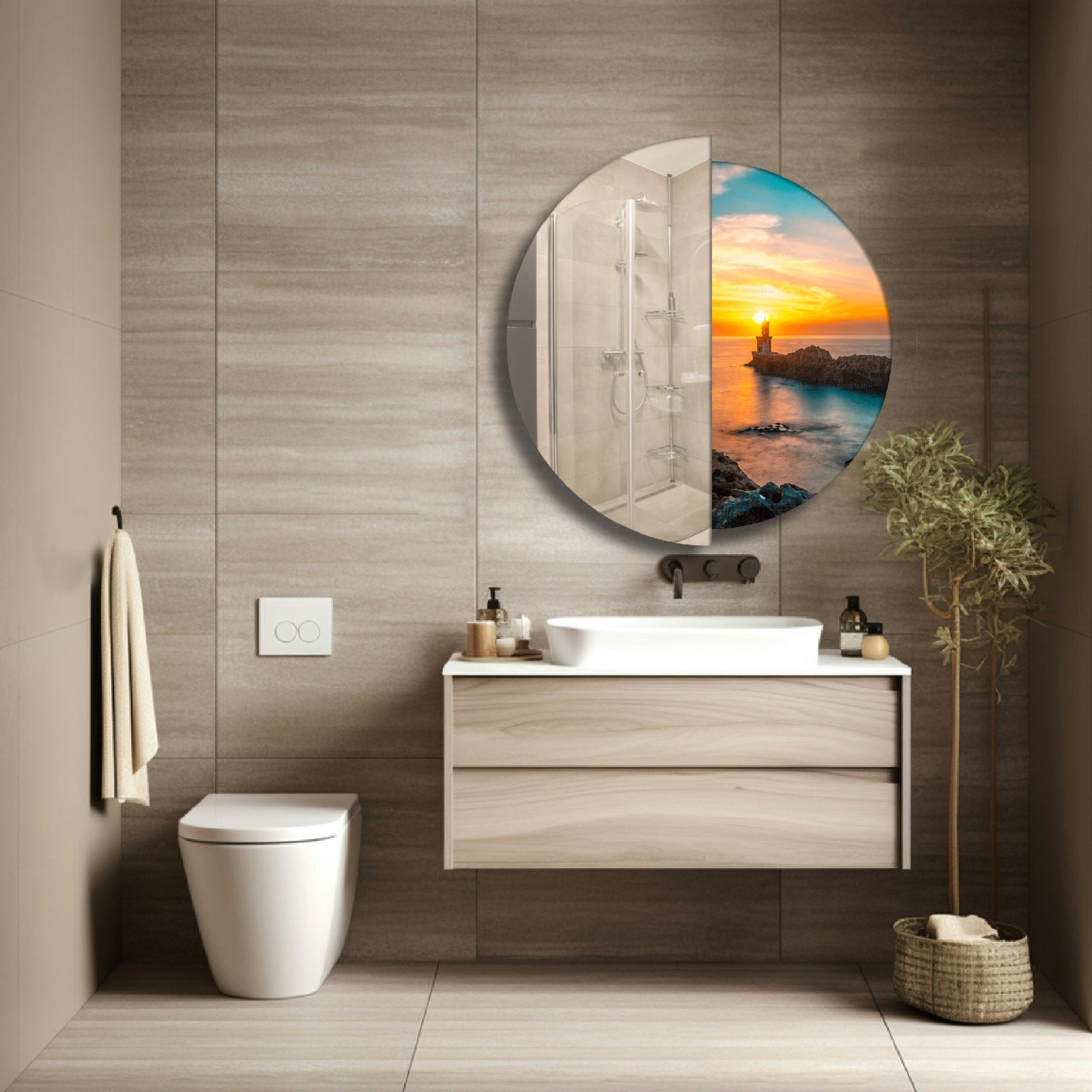 Modern Yarım Temperli Cam Duvar Aynası – Dekoratif Yuvarlak Tasarım Ayna, Salon ve Antre İçin Şık Modern Ayna