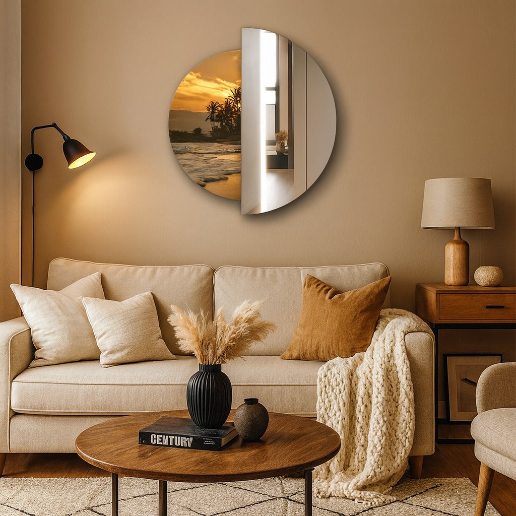 Modern Yarım Temperli Cam Duvar Aynası – Dekoratif Yuvarlak Tasarım Ayna, Salon ve Antre İçin Şık Modern Ayna