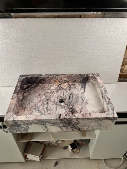 Lilac Mermer Dikdörtgen Lavabo – El Yapımı Doğal Taş Banyo Lavabosu (60×40×12 cm)