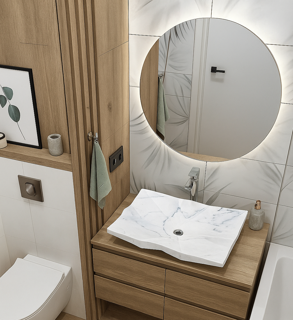 Modern Geometrik Tasarımlı Mermer Lavabo – El Yapımı Doğal Taş Tezgâh Üstü Banyo Lavabosu (L 55 × W 45 × H 14 cm)