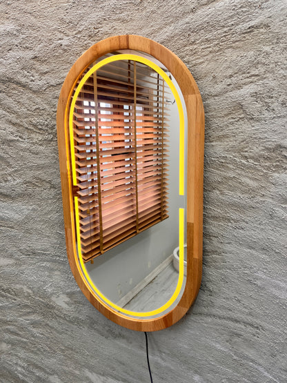 Kayın Ahşap Çerçeveli LED’li Oval Ayna – Dimmer Işıklı Dekoratif Duvar Aynası, Banyo Makyaj Salon Aynası