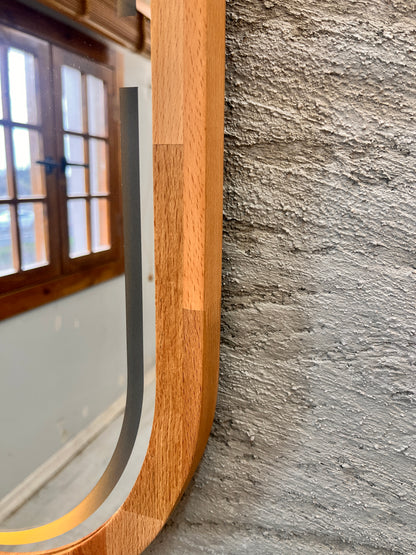 Kayın Ahşap Çerçeveli LED’li Oval Ayna – Dimmer Işıklı Dekoratif Duvar Aynası, Banyo Makyaj Salon Aynası