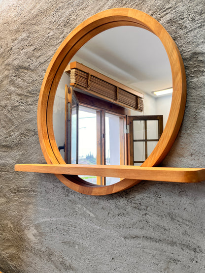 Raflı Masif Kayın Ağacı Yuvarlak Ayna – İskandinav Tarzı Antre ve Banyo Aynası