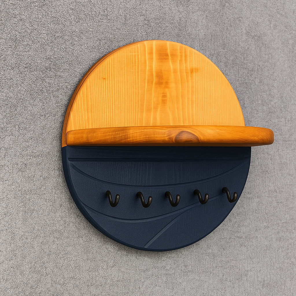 Ahşap Duvar Anahtarlık & Raflı Anahtar Askısı – Dekoratif Yuvarlak Ahşap Keyholder – Özel Ölçü Üretim