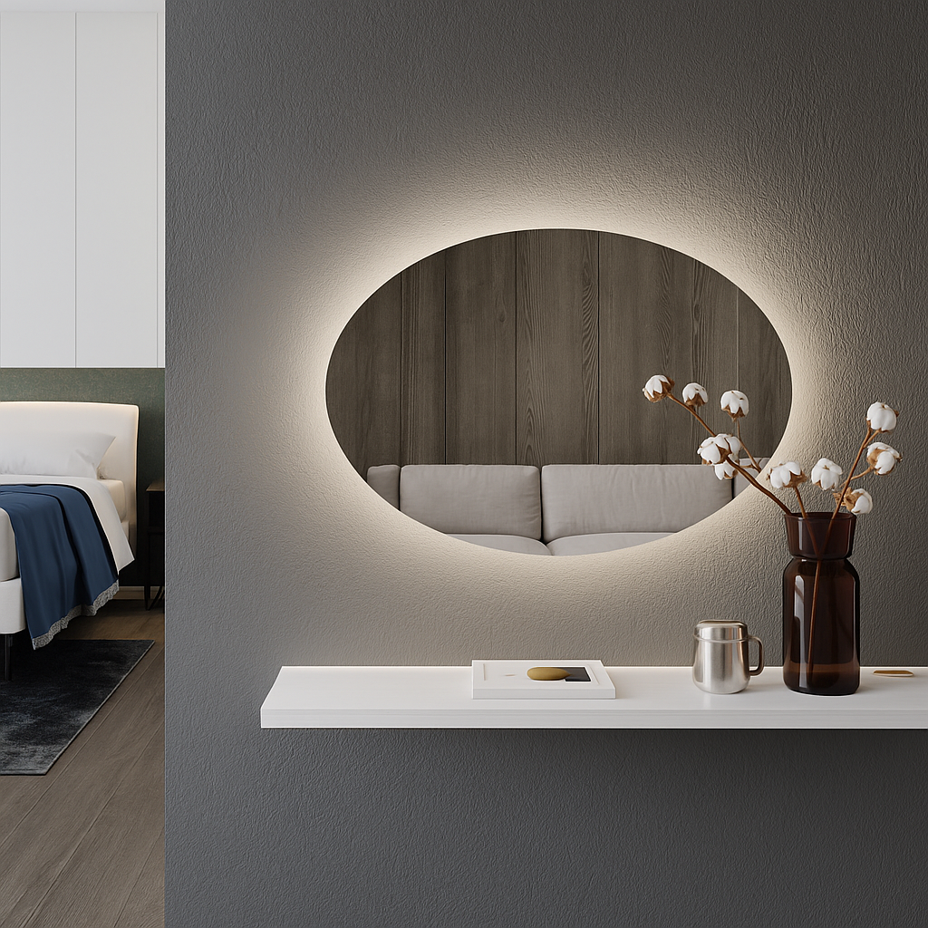 Modern Oval LED Ayna – Işıklı Dekoratif Banyo Aynası | Şık Duvar Aksesuarı