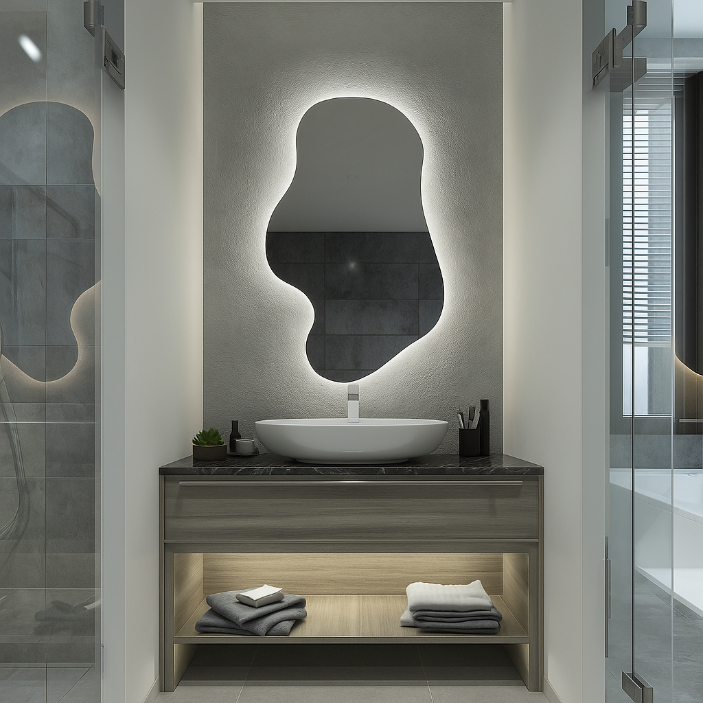 Asimetrik LED Ayna | Modern Organik Şekilli Işıklı Duvar ve Banyo Aynası – Dekoratif Tasarım