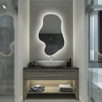 Asimetrik LED Ayna | Modern Organik Şekilli Işıklı Duvar ve Banyo Aynası – Dekoratif Tasarım
