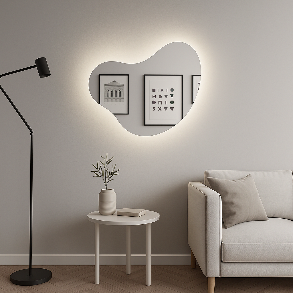 Asimetrik LED Ayna – Modern Organik Duvar Aynası, Dekoratif Banyo LED’li Ayna, Şekilli Tasarım Aydınlatmalı Ayna