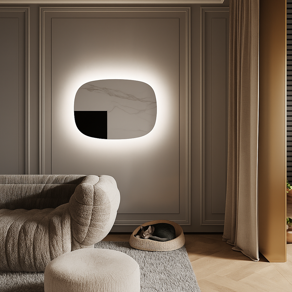 Asimetrik LED Ayna – Modern Organik Form Banyo Aynası, Arka Işıklı Tasarım, Dekoratif Duvar Aynası