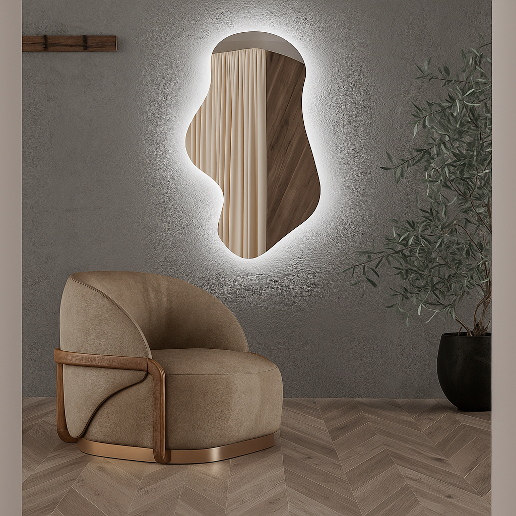 Asimetrik LED Ayna | Modern Organik Şekilli Işıklı Duvar ve Banyo Aynası – Dekoratif Tasarım