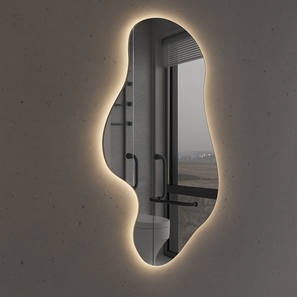 Asimetrik LED Ayna | Modern Organik Şekilli Işıklı Duvar ve Banyo Aynası – Dekoratif Tasarım