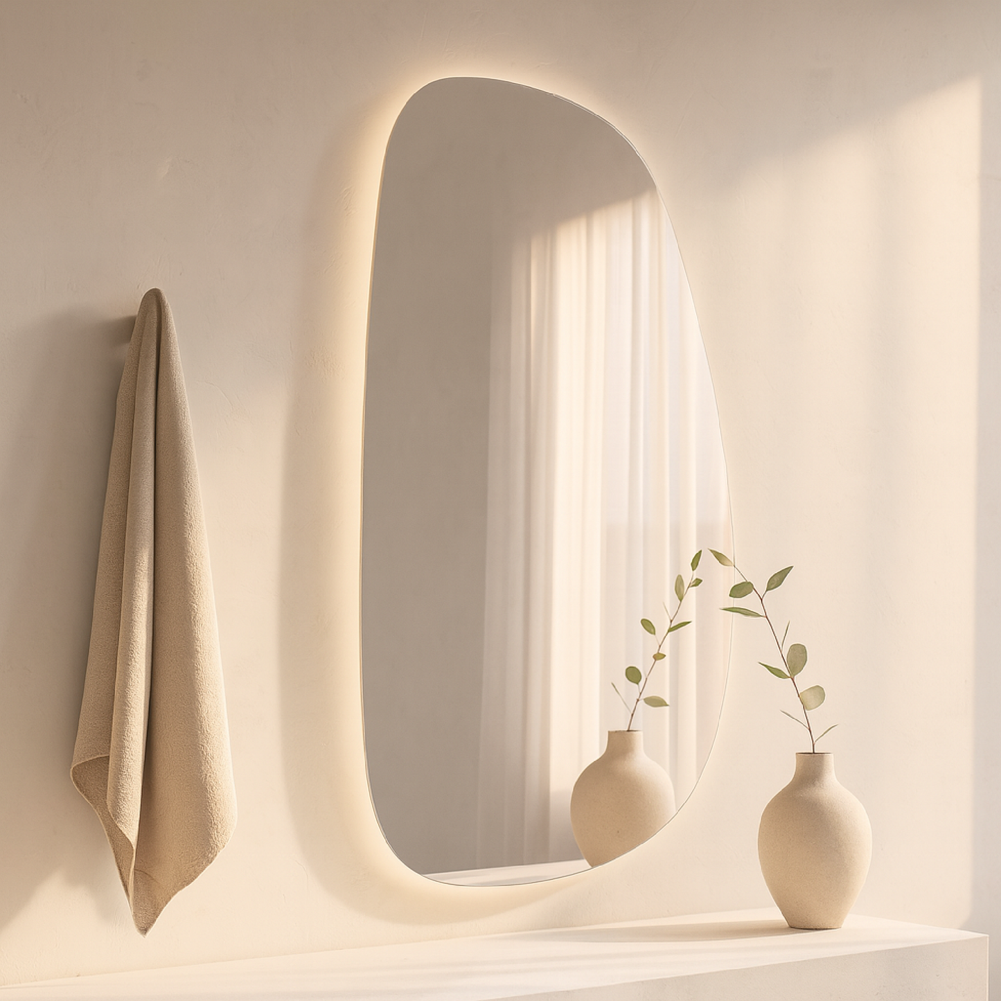 Asimetrik LED Ayna – Modern Dekoratif Organik Şekilli Duvar Aynası | Banyo & Salon için Tasarım Ayna