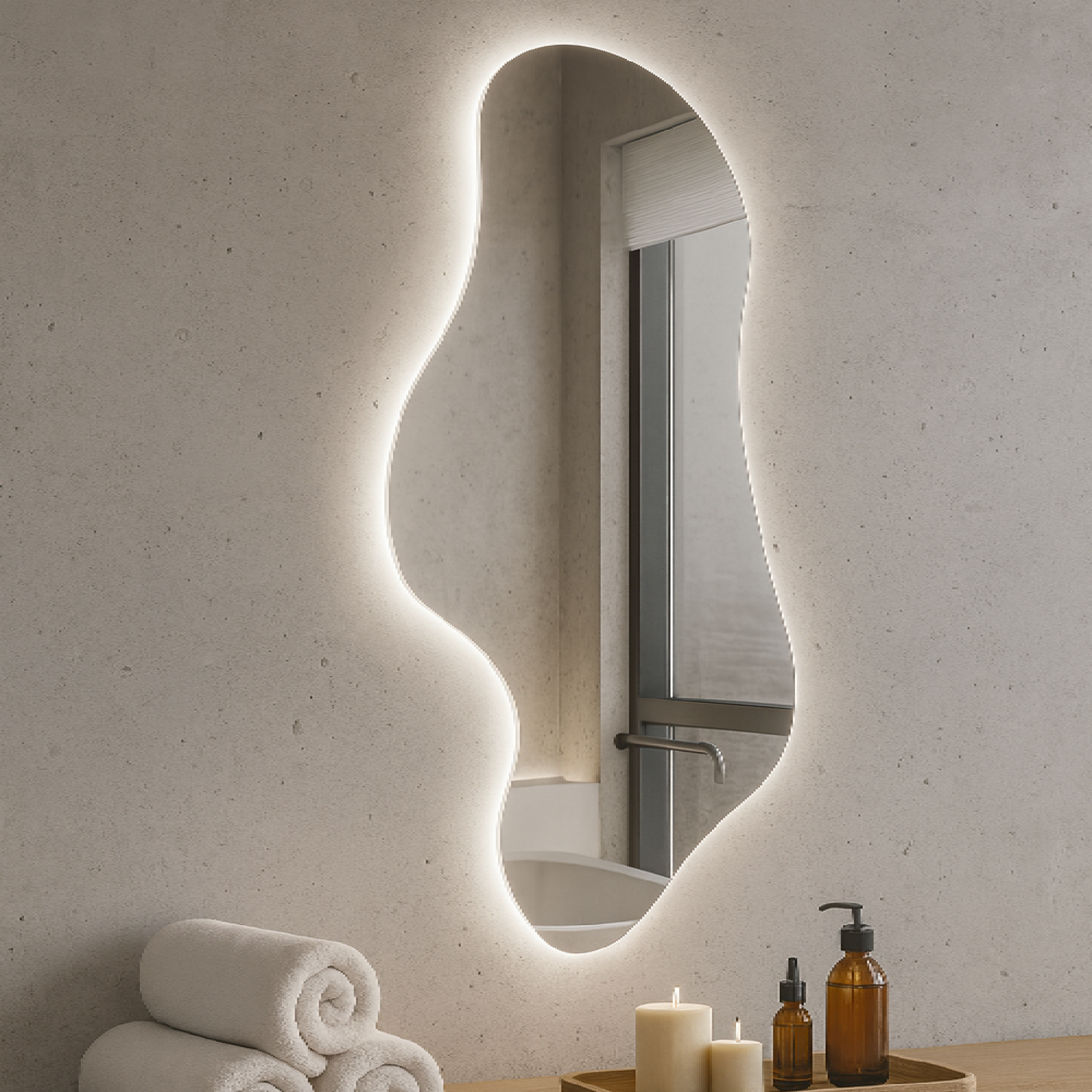 Asimetrik LED Ayna | Modern Organik Şekilli Işıklı Duvar ve Banyo Aynası – Dekoratif Tasarım