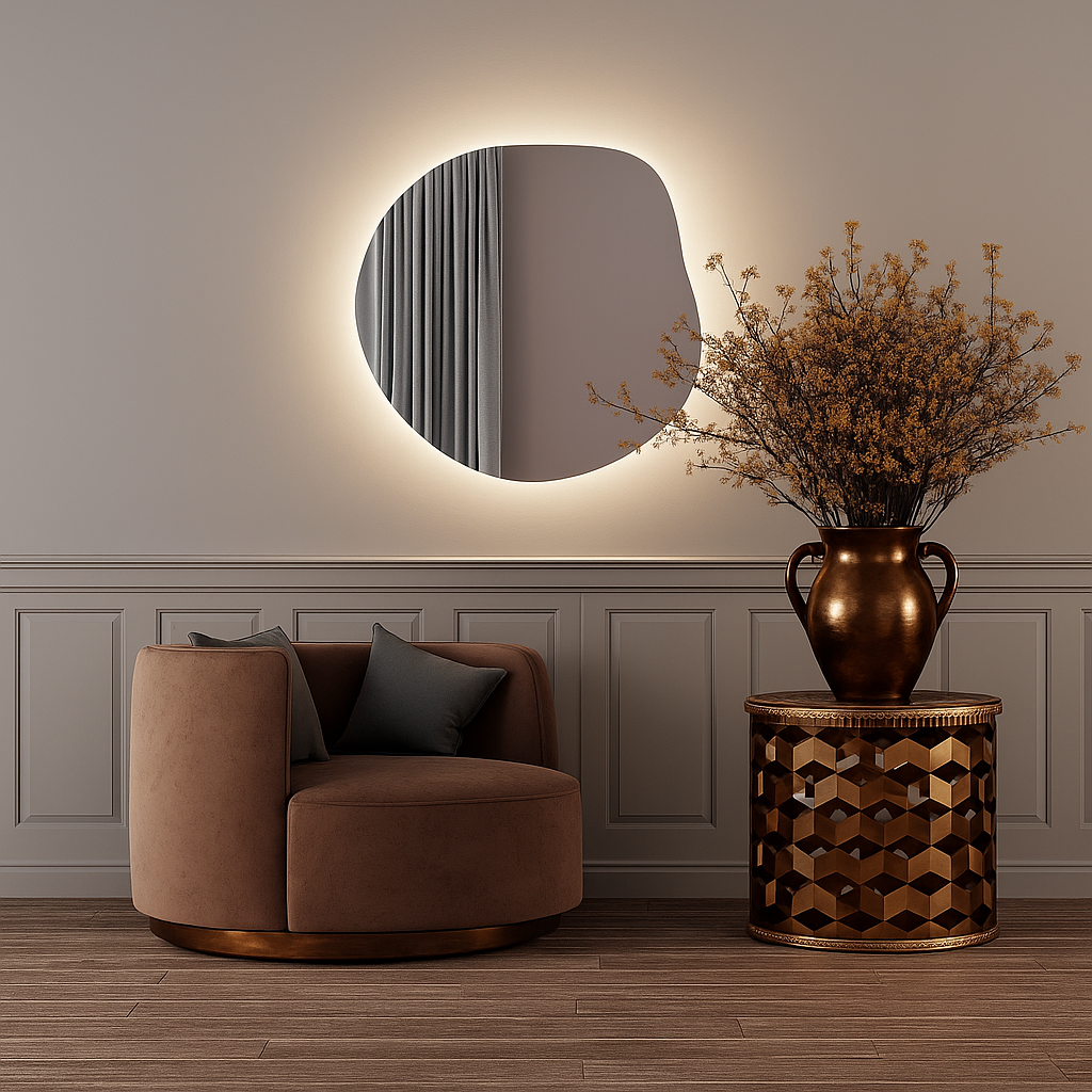Modern LED Aydınlatmalı Asimetrik Ayna – Organik Form Dekoratif Duvar ve Banyo Aynası