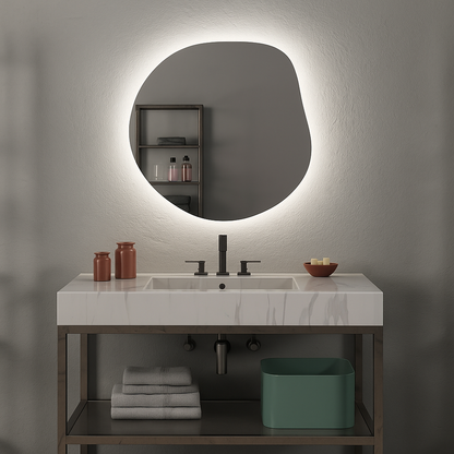 Modern LED Aydınlatmalı Asimetrik Ayna – Organik Form Dekoratif Duvar ve Banyo Aynası