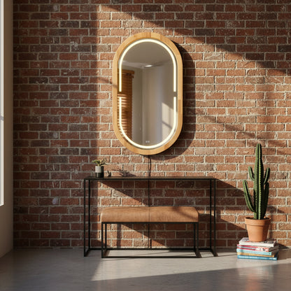 Kayın Ahşap Çerçeveli LED’li Oval Ayna – Dimmer Işıklı Dekoratif Duvar Aynası, Banyo Makyaj Salon Aynası