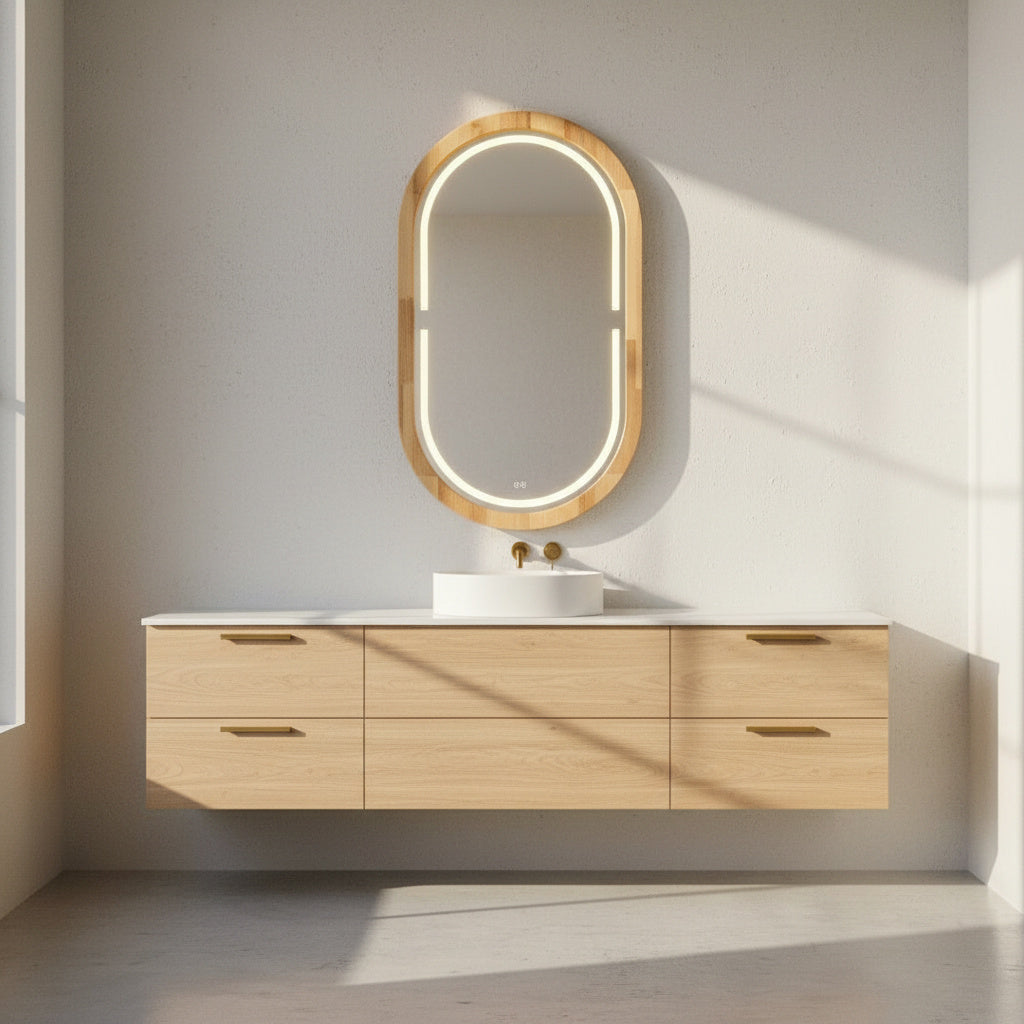 Kayın Ahşap Çerçeveli LED’li Oval Ayna – Dimmer Işıklı Dekoratif Duvar Aynası, Banyo Makyaj Salon Aynası