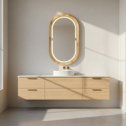 Kayın Ahşap Çerçeveli LED’li Oval Ayna – Dimmer Işıklı Dekoratif Duvar Aynası, Banyo Makyaj Salon Aynası