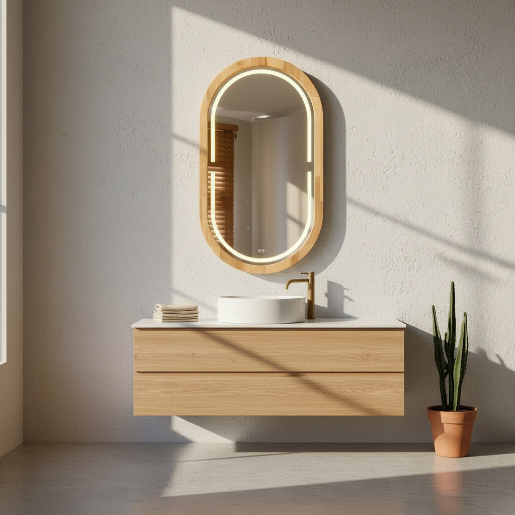 Kayın Ahşap Çerçeveli LED’li Oval Ayna – Dimmer Işıklı Dekoratif Duvar Aynası, Banyo Makyaj Salon Aynası