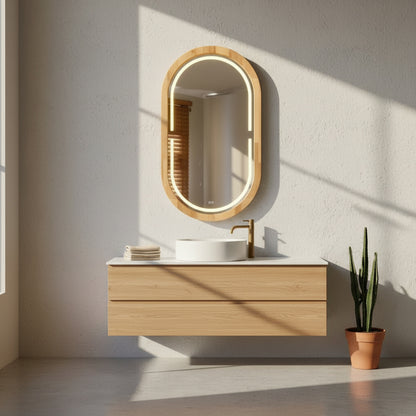 Kayın Ahşap Çerçeveli LED’li Oval Ayna – Dimmer Işıklı Dekoratif Duvar Aynası, Banyo Makyaj Salon Aynası