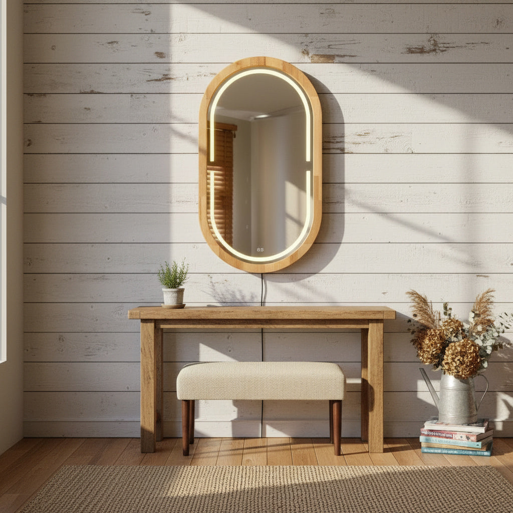 Kayın Ahşap Çerçeveli LED’li Oval Ayna – Dimmer Işıklı Dekoratif Duvar Aynası, Banyo Makyaj Salon Aynası