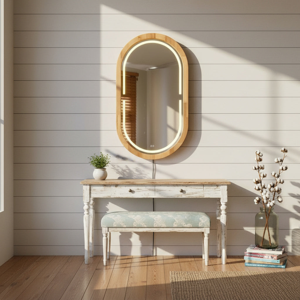 Kayın Ahşap Çerçeveli LED’li Oval Ayna – Dimmer Işıklı Dekoratif Duvar Aynası, Banyo Makyaj Salon Aynası