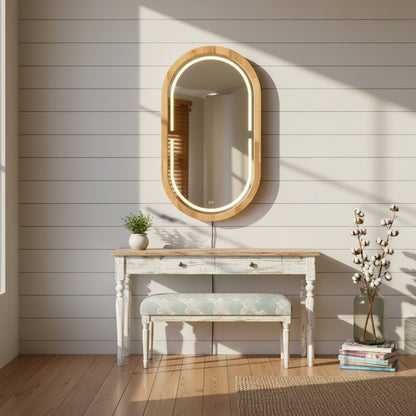 Kayın Ahşap Çerçeveli LED’li Oval Ayna – Dimmer Işıklı Dekoratif Duvar Aynası, Banyo Makyaj Salon Aynası
