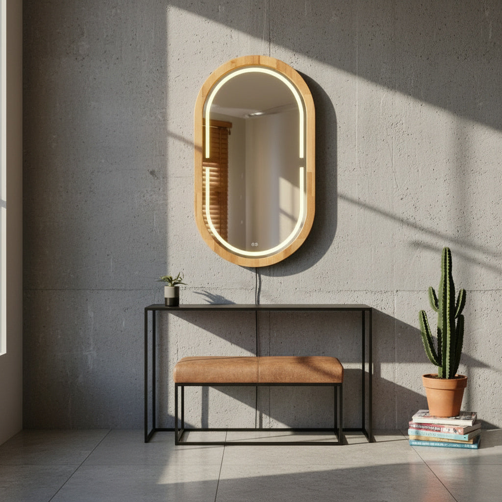 Kayın Ahşap Çerçeveli LED’li Oval Ayna – Dimmer Işıklı Dekoratif Duvar Aynası, Banyo Makyaj Salon Aynası