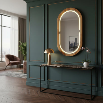 Kayın Ahşap Çerçeveli LED’li Oval Ayna – Dimmer Işıklı Dekoratif Duvar Aynası, Banyo Makyaj Salon Aynası