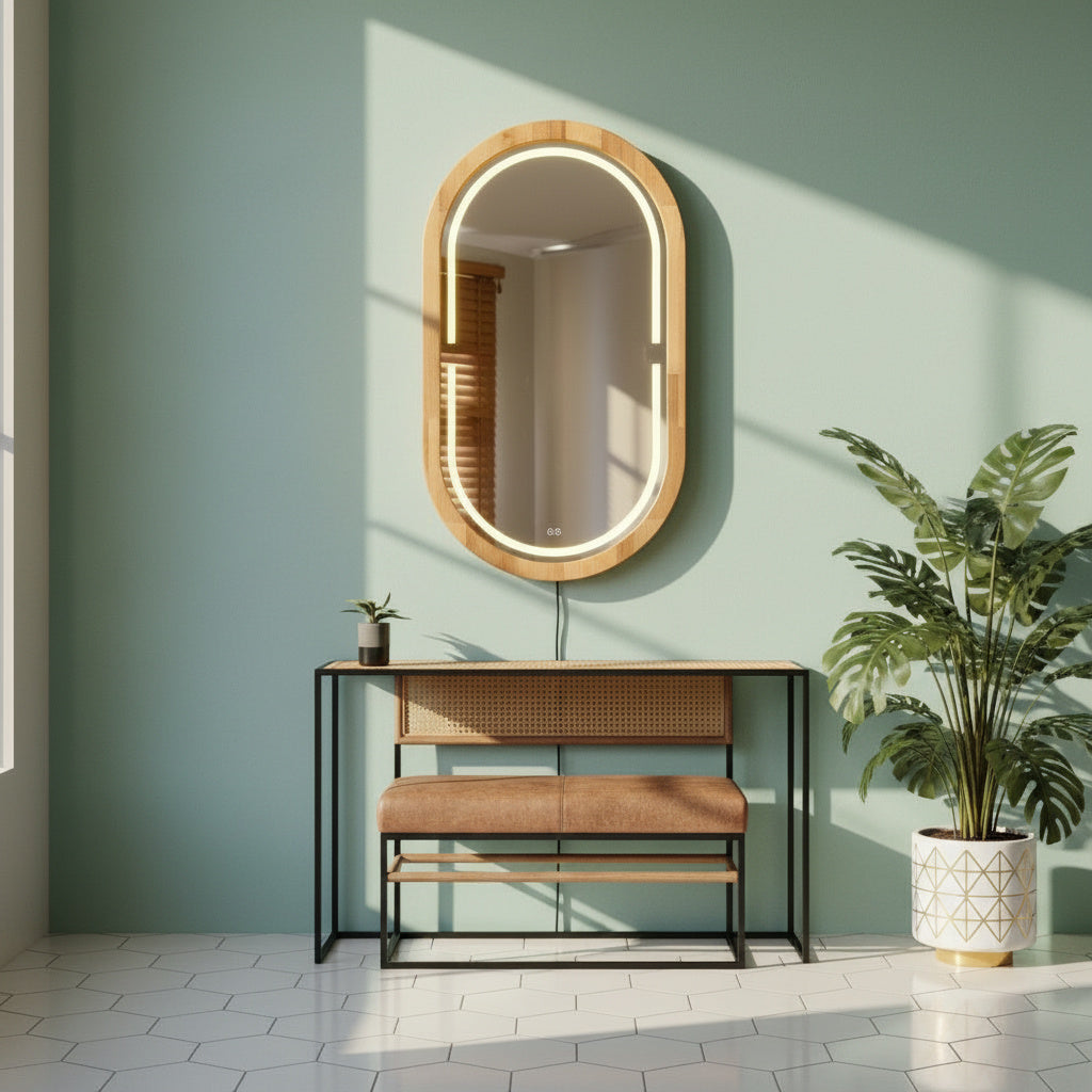 Kayın Ahşap Çerçeveli LED’li Oval Ayna – Dimmer Işıklı Dekoratif Duvar Aynası, Banyo Makyaj Salon Aynası