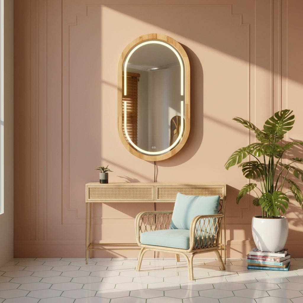Kayın Ahşap Çerçeveli LED’li Oval Ayna – Dimmer Işıklı Dekoratif Duvar Aynası, Banyo Makyaj Salon Aynası