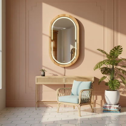 Kayın Ahşap Çerçeveli LED’li Oval Ayna – Dimmer Işıklı Dekoratif Duvar Aynası, Banyo Makyaj Salon Aynası