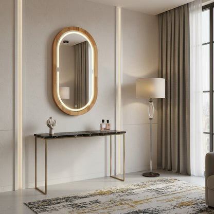 Kayın Ahşap Çerçeveli LED’li Oval Ayna – Dimmer Işıklı Dekoratif Duvar Aynası, Banyo Makyaj Salon Aynası