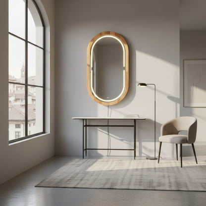 Kayın Ahşap Çerçeveli LED’li Oval Ayna – Dimmer Işıklı Dekoratif Duvar Aynası, Banyo Makyaj Salon Aynası